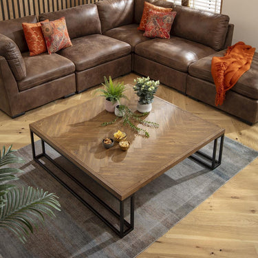 Quatropi Large Square Wooden Coffee Table Parquet Industrial Metal Legs 120cm