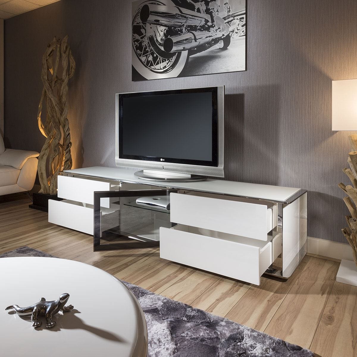 Quatropi Large TV Cabinet Stand White Gloss and Chrome Modern Quatropi 233 New