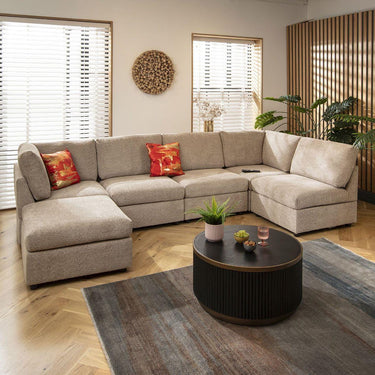 Quatropi Large U Shape Corner Sofa Footstool Chaise 6 Seat Modular Beige Boucle