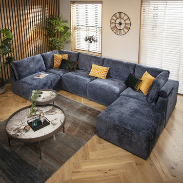 Quatropi Large U Shape Corner Sofa Footstool Chaise 6 Seater Modular Blue