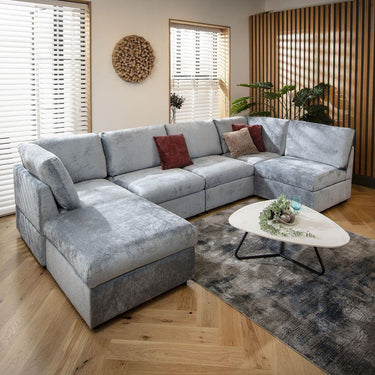 Quatropi Large U Shape Corner Sofa Footstool Chaise 6 Seater Modular Blue