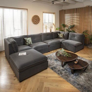Quatropi Large U Shape Corner Sofa Footstool Chaise 6 Seater Modular Grey Velvet