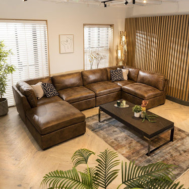 Quatropi Large U Shape Corner Sofa Footstool Chaise 6 Seater Modular Set Brown 6L
