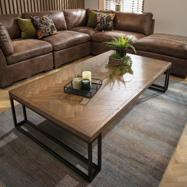 Quatropi Large Wooden Coffee Table Herringbone Industrial Metal Legs 160x90cm