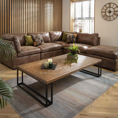 Quatropi Large Wooden Coffee Table Herringbone Industrial Metal Legs 160x90cm
