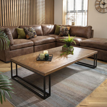 Quatropi Large Wooden Coffee Table Herringbone Industrial Metal Legs 160x90cm
