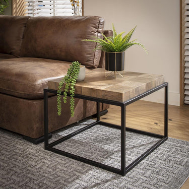 Quatropi Large Wooden Square Side Table Industrial Reclaimed Oak Metal 60cm