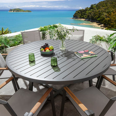 Quatropi Leno & Sun 6 Seater Round Outdoor Garden Dining Set Grey Aluminium & Textilene