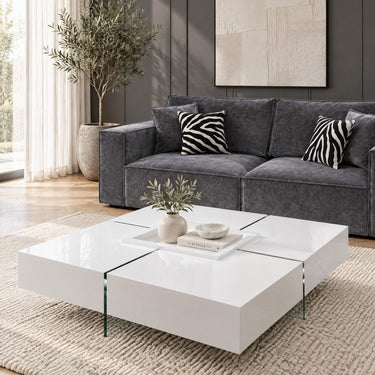 Quatropi Leo Stunning Large Square Coffee Table - Gloss White Glass Legs 120cm