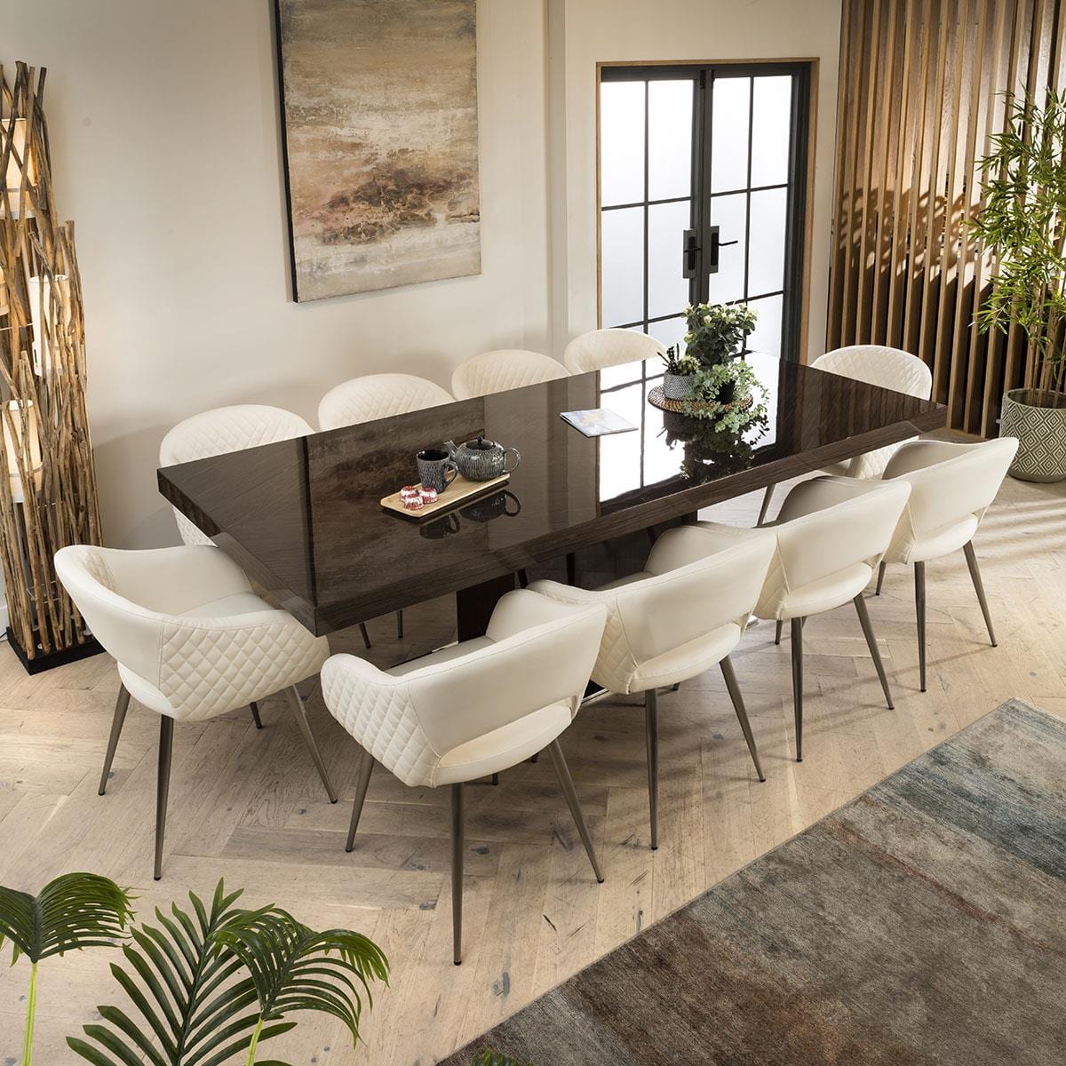 Quatropi Lucy 10 Seater Gloss Dining Set Smoked Oak & White Leather