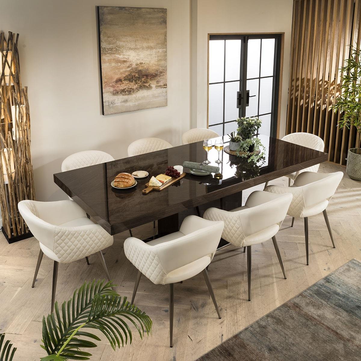 Quatropi Lucy 8 Seater Gloss Dining Set Smoked Oak & White Leather