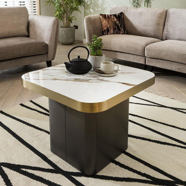 Quatropi Luxurious Ceramic Marble Side Lamp Table with Metal Trim - White & Gold 65cm Square
