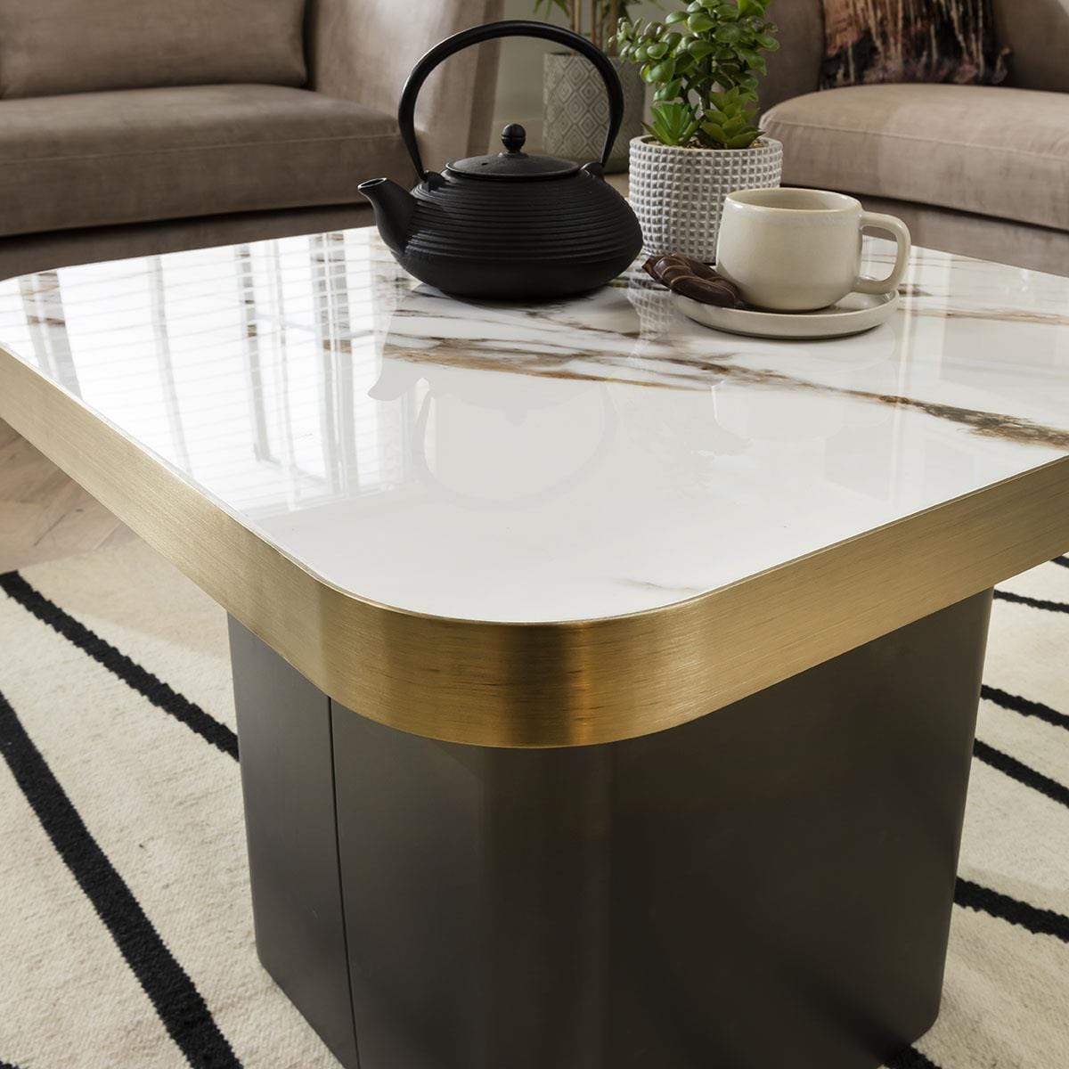 Quatropi Luxurious Ceramic Marble Side Lamp Table with Metal Trim - White & Gold 65cm Square