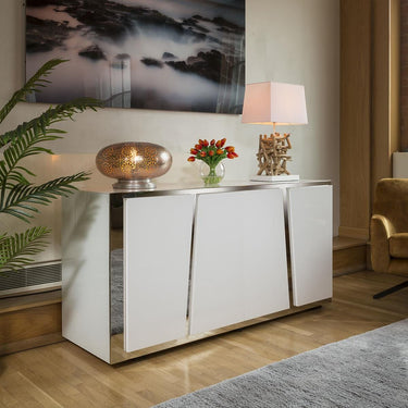 Quatropi Luxury 1600mm White Sideboard Glass Top Stainless Frame No Assy V