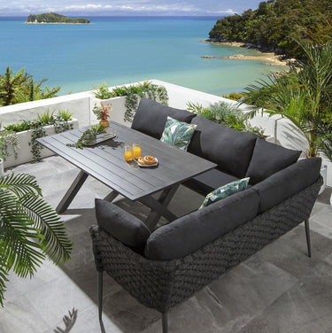 Quatropi Luxury 5 Seat Garden Corner Bench Dining Set Grey Wood Effect Aluminium
