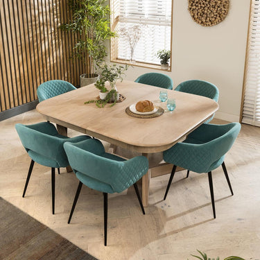 Quatropi Luxury 6 Chair Natural Solid Wood Extending Dining Set Teal 160-230cm