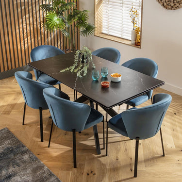 Quatropi Luxury 6 Seat Extending Ceramic Dining Table and Chairs Set Blue Black