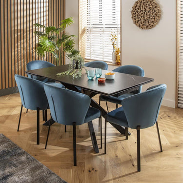 Quatropi Luxury 6 Seat Extending Ceramic Dining Table and Chairs Set Blue Black