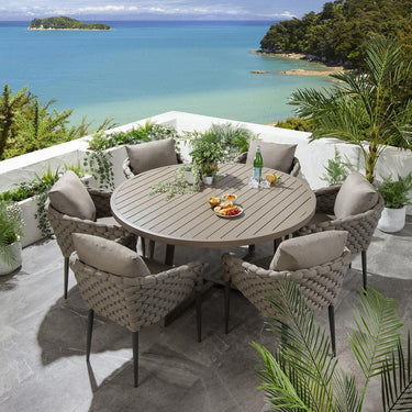 Quatropi Luxury 6 Seat Round Garden Table and Chairs Dining Set Aluminium Beige