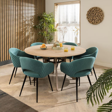 Quatropi Luxury 6 Seater Natural Round Solid Wooden Dining Table Set Teal 150cm