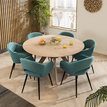Quatropi Luxury 6 Seater Natural Round Solid Wooden Dining Table Set Teal 150cm