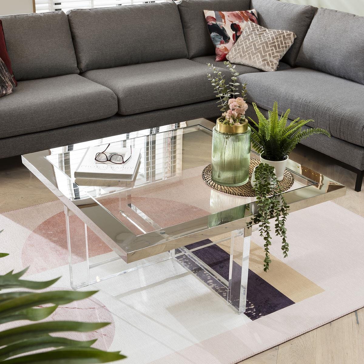 Quatropi Luxury Clear Glass Coffee Table - Modern Metal Frame - 100cm Square
