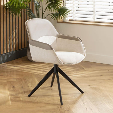 Quatropi Luxury Faux Leather Dining Chair with Arms Swivel Base Grey White Fabric