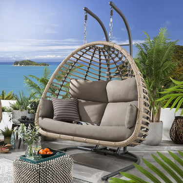 Quatropi Luxury Garden Double Hanging Egg Chair Beige Outdoor Bamboo 2 Person