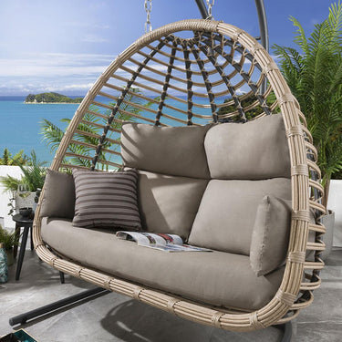 Quatropi Luxury Garden Double Hanging Egg Chair Beige Outdoor Bamboo 2 Person