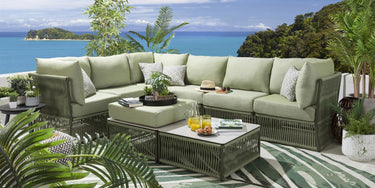 Quatropi Luxury Garden L-Shape Corner Sofa 6 Seat Outdoor Patio Green Rope Weave