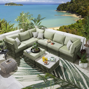 Quatropi Luxury Garden L-Shape Corner Sofa 6 Seat Outdoor Patio Green Rope Weave