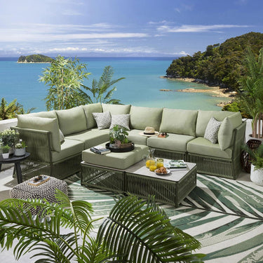 Quatropi Luxury Garden L-Shape Corner Sofa 6 Seat Outdoor Patio Green Rope Weave
