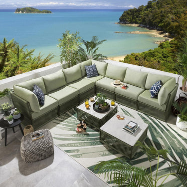 Quatropi Luxury Garden L-Shape Corner Sofa 6 Seat Outdoor Patio Green Rope Weave