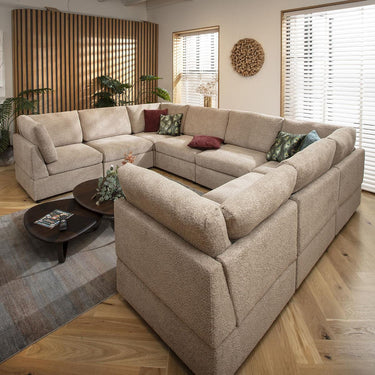 Quatropi Luxury Large U-Shaped Modular Sofa Couch 8 Seater Beige Boucle Fabric