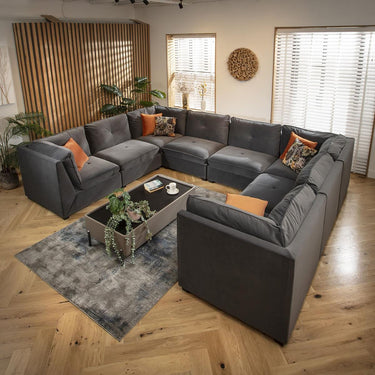 Quatropi Luxury Large U-Shaped Modular Sofa Couch 8 Seater Grey Velvet Fabric