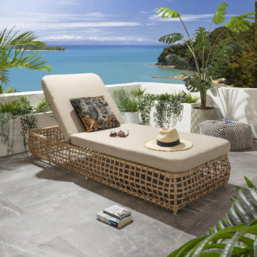Quatropi Luxury Outdoor Garden Cushioned Rattan Sun Lounger Reclining Beige 206cm