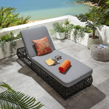 Quatropi Luxury Outdoor Garden Cushioned Rattan Sun Lounger Reclining Grey 206cm