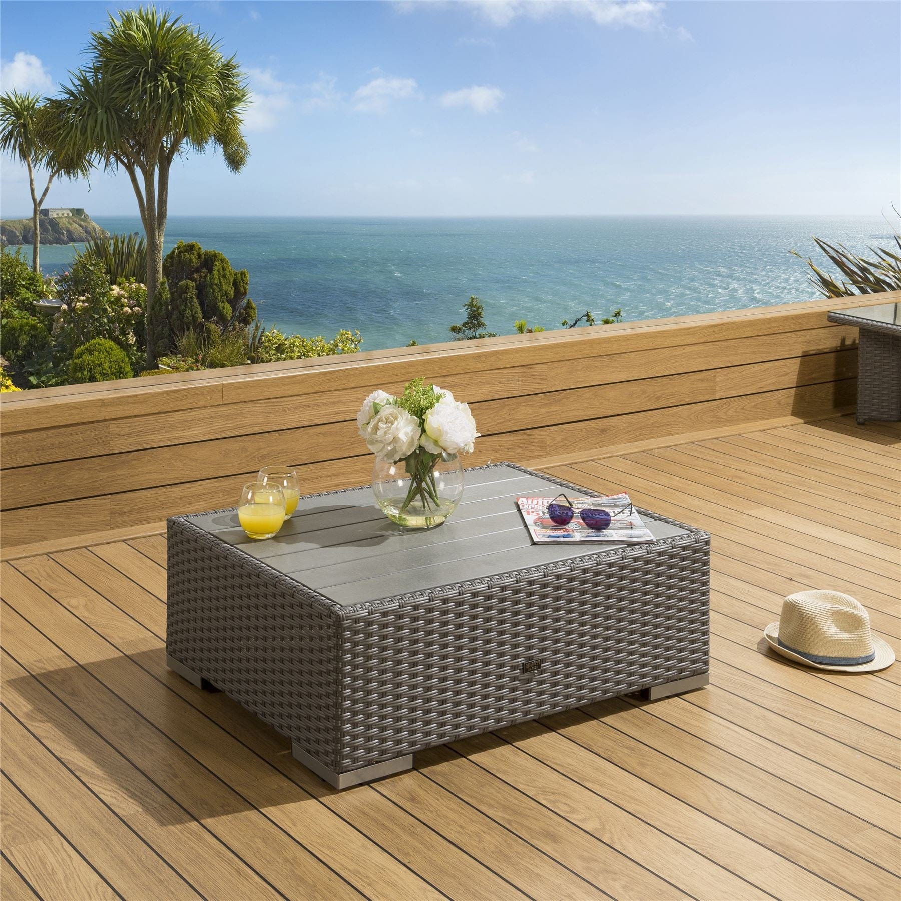 Quatropi Luxury Outdoor Garden Rattan Rectangular Coffee Table / Footstool Grey Crane