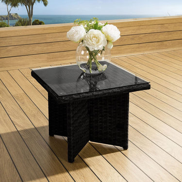 Quatropi Luxury Outdoor Garden Square End Coffee Table Black Rattan Clear Glass Crane