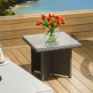 Quatropi Luxury Outdoor Garden Square End Coffee Table Grey Rattan Clear Glass Crane