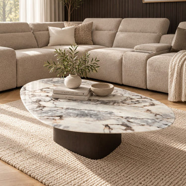 Quatropi Luxury Rounded Ceramic Marble Coffee Table White Grey 140cm x 90cm
