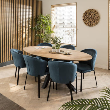 Quatropi Luxury Solid Natural Wood 6 Seater Dining Set Oval Blue Velvet 200cm