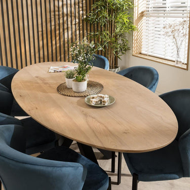 Quatropi Luxury Solid Natural Wood 6 Seater Dining Set Oval Blue Velvet 200cm