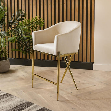 Quatropi Luxury Velvet Counter Height Kitchen Island Bar Stool Cream Gold Legs