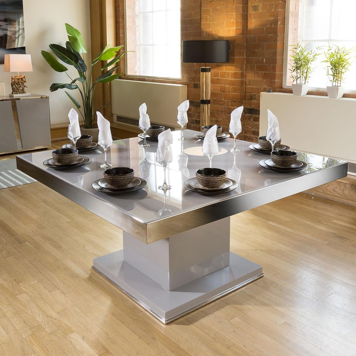Quatropi Magnificent Large Square Dining Table in Grey Gloss with Chrome Trim
