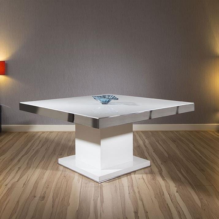 Quatropi Magnificent Large Square Dining Table in White Gloss with Chrome Trim