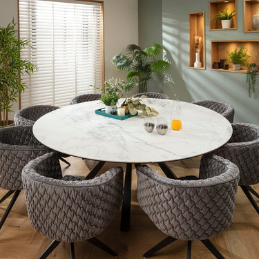 Quatropi Maple & Rudie 8 Seater Round Extendable Dining Set Mustard Yellow & Matte White Ceramic