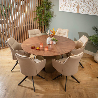 Quatropi Millie & Phoenix Modern 6 Seater Round Dining Set Cream & Walnut