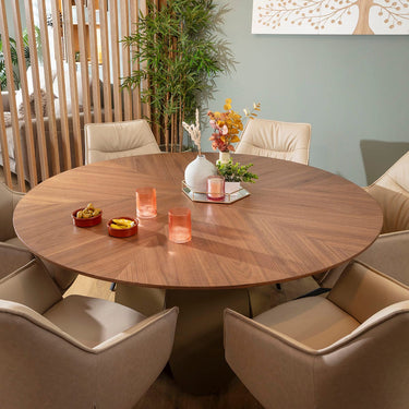 Quatropi Millie & Phoenix Modern 6 Seater Round Dining Set Cream & Walnut
