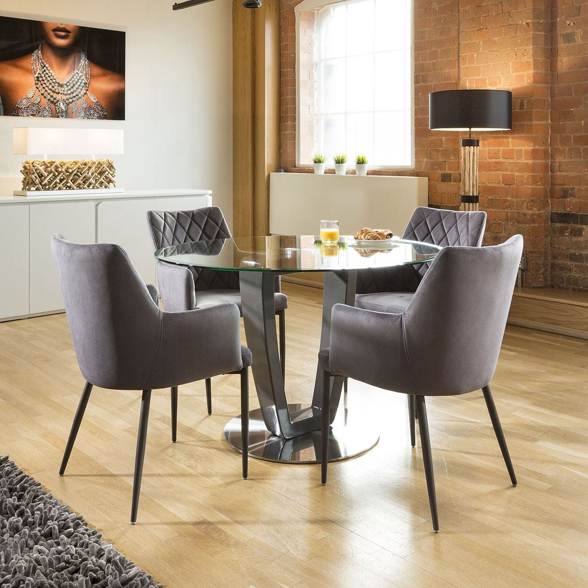 Quatropi Modern 1.2m Round Clear Glass Dining Table Grey stem & steel Base 4396